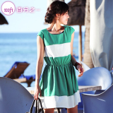 短袖 夏装 夏季显瘦拼接条纹蕾丝连衣裙韩版 雪纺连衣裙女5128 大码