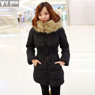  配腰带 冬女装新款新品大毛领羽绒棉服 女棉衣 修身中长款