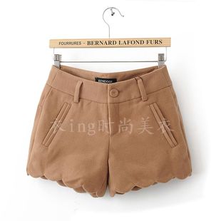  特价秋冬韩版高品质显瘦毛呢短裤波浪边全内衬羊毛呢子加厚女靴裤