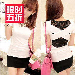  时尚春装新款女装蕾丝拼接短袖t恤韩版潮修身打底衫时尚小衫