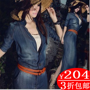  春装新款女装大码牛仔连衣裙 女式长袖水洗显瘦冰丝牛仔长裙