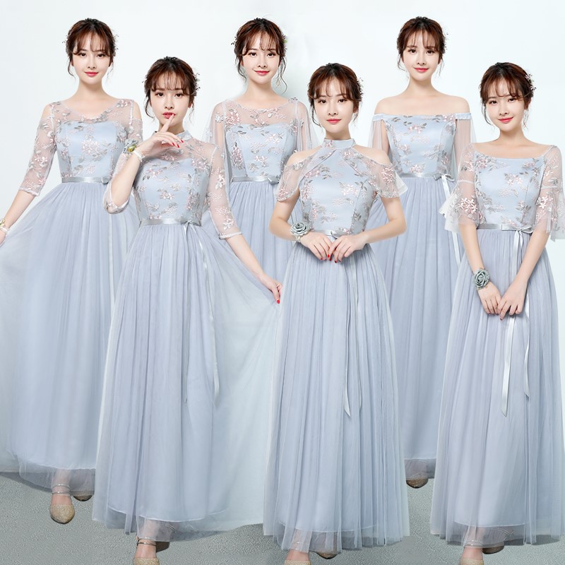 伴娘礼服女2019新款韩版秋姐妹团伴娘服长款灰色显瘦一字肩连衣裙|ruв категории Женская одежда, Cвадебные платья, платье/вечернее платье - от Buy2taobao.com для оказания профессиональной услуги покупки агента Taobao