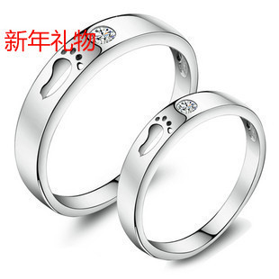  久久925纯银戒指女男情侣对戒子钻戒 脚印走过的路 刻字礼物包邮