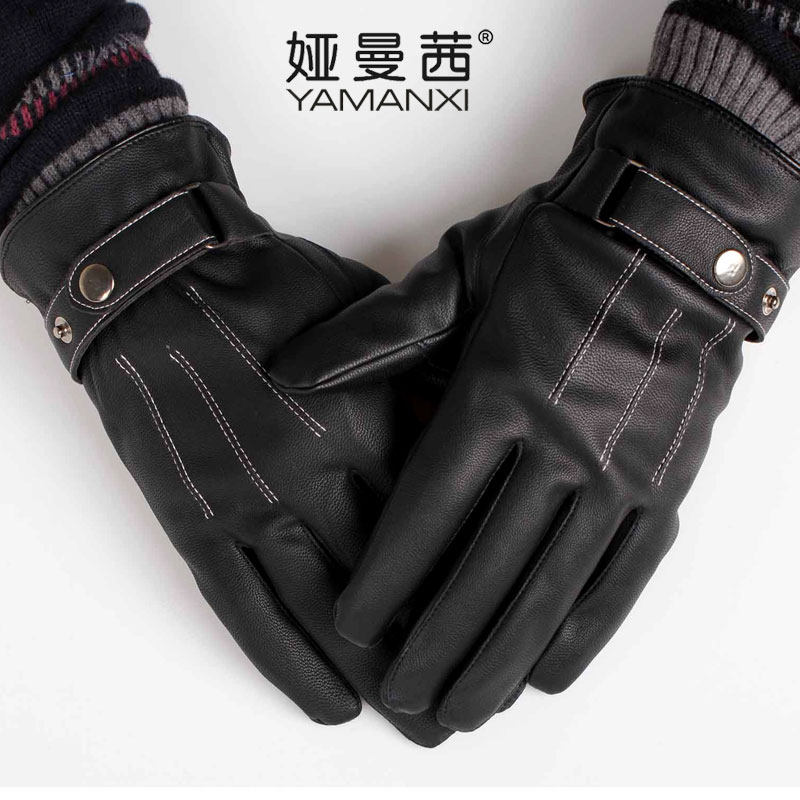 娅曼茜秋冬季外出骑车男士手套毛绒加厚保暖皮质连指全指手套
