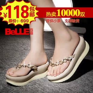  百丽正品夏季新款高档女凉拖鞋 水钻平跟平底厚底真皮人字拖