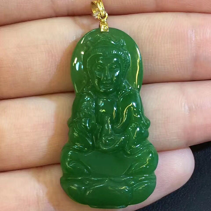 天然和田玉俄罗斯碧玉18K金款镶嵌观音吊坠毛衣链项链挂件菠菜绿在类目 珠宝/钻石/翡翠/黄金, 和田玉, 颈饰中 - 来自Buy2taobao.com提供专业的淘宝代购服务