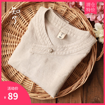 知了童装 春夏新款文艺男童棉麻短袖衬衫中式衬衣儿童上衣 K3207