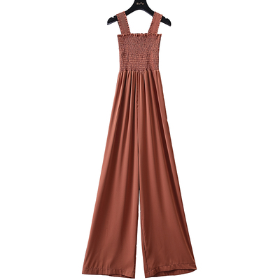 姐弟故事2019夏季新款复古气质松紧褶皱吊带抹胸高腰阔腿裤9133