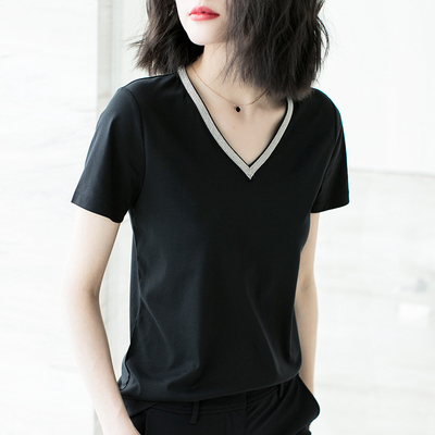 一秒出彩 小心机短袖v领上衣修身黑色t恤女夏装2018新款纯棉体恤