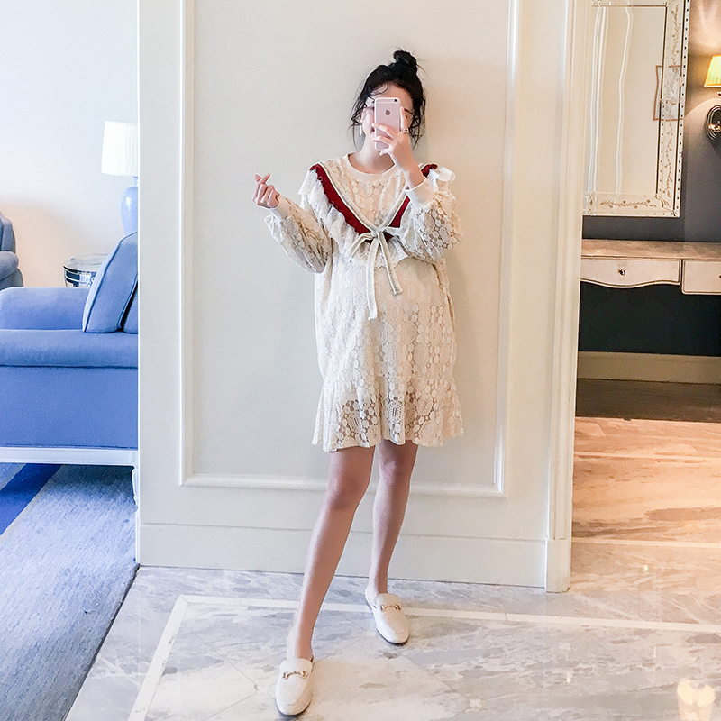 maternity dress spring clothes new pattern 2018 Korean Edition Lace Mosaic Wood ear Easy fashion Mid length version pregnant woman Dressin the Maternity/Maternal supplies/Nutrition , Maternity , Dress category - from Buy2taobao.com to provide professional Taobao agent buy service
