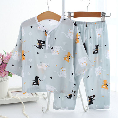 夏季棉绸儿童小孩睡衣套装男孩女童绵绸长袖长裤薄空调家居服宝宝