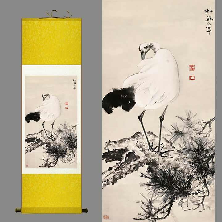 黑白水墨画国画客厅装饰画丝绸画礼品画松鹤延年风水卷轴画长寿图