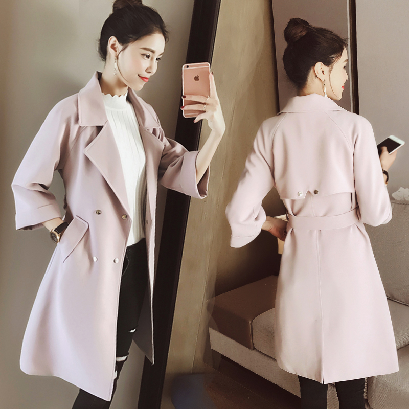 L 春装新款女装2017 韩版双排扣大衣修身中长款风衣外套女