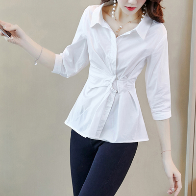 白色衬衫女士夏季2020新款掐腰小衫收腰洋气衬衣设计感小众上衣