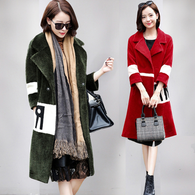 2016冬装新款羊剪绒皮毛一体女大衣中长款大