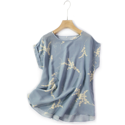 清新栀子花桑蚕丝上衣网红印花女真丝短袖T恤简约显瘦宽松圆领夏