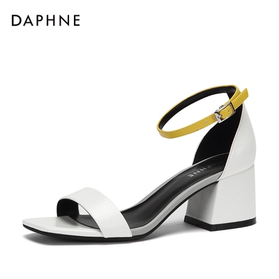 Daphne/达芙妮正品一字带时尚优雅拼色舒适潮流通勤舒适粗跟凉鞋