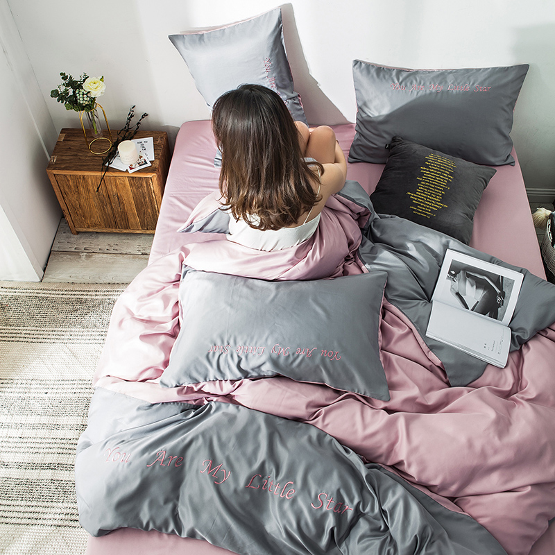 Northern Europe in spring and summer ins The bed Tencel Four piece suit Simplicity Solid sheet Bed cover Embroidery Quilt cover Borneol Nakedin the Bedclothes , Bedding Sets/Family of four/Multiple sets of category - from Buy2taobao.com to provide professional Taobao agent buy service