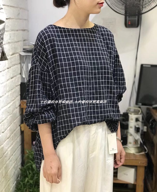October snow mb Cotton literature classic lattice Wood ear Cuff Smock shirt Two color intoin the Women's clothing/Boutique , Shirt category - from Buy2taobao.com to provide professional Taobao agent buy service