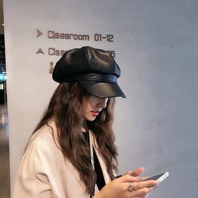 日本pu皮质帽子女秋冬 韩版日系英伦复古画家帽潮网红八角贝雷帽
