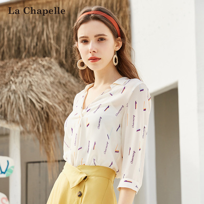 拉夏贝尔2019新款女装秋季韩版半袖印花雪纺上衣宽松时尚洋气衬衫