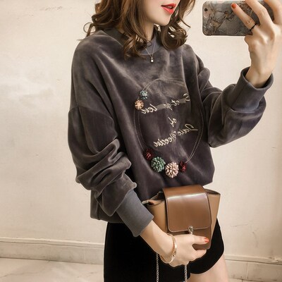 卫衣女打底衫秋冬装上衣韩版加绒加厚刺绣金丝绒长袖宽松休闲外套