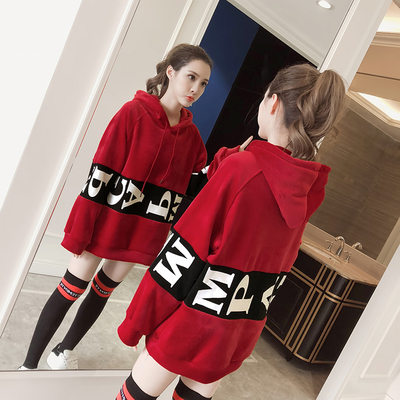 秋冬女装韩版字母bf风中长款金丝绒卫衣裙加绒加厚保暖连帽卫衣潮