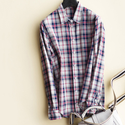 客供双层棉纱撞色格子翻领衬衫 女