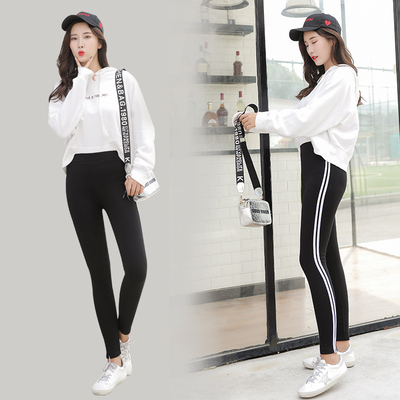 运动休闲打底裤女裤秋季外穿薄款高腰紧身条纹黑色弹力九分裤百搭