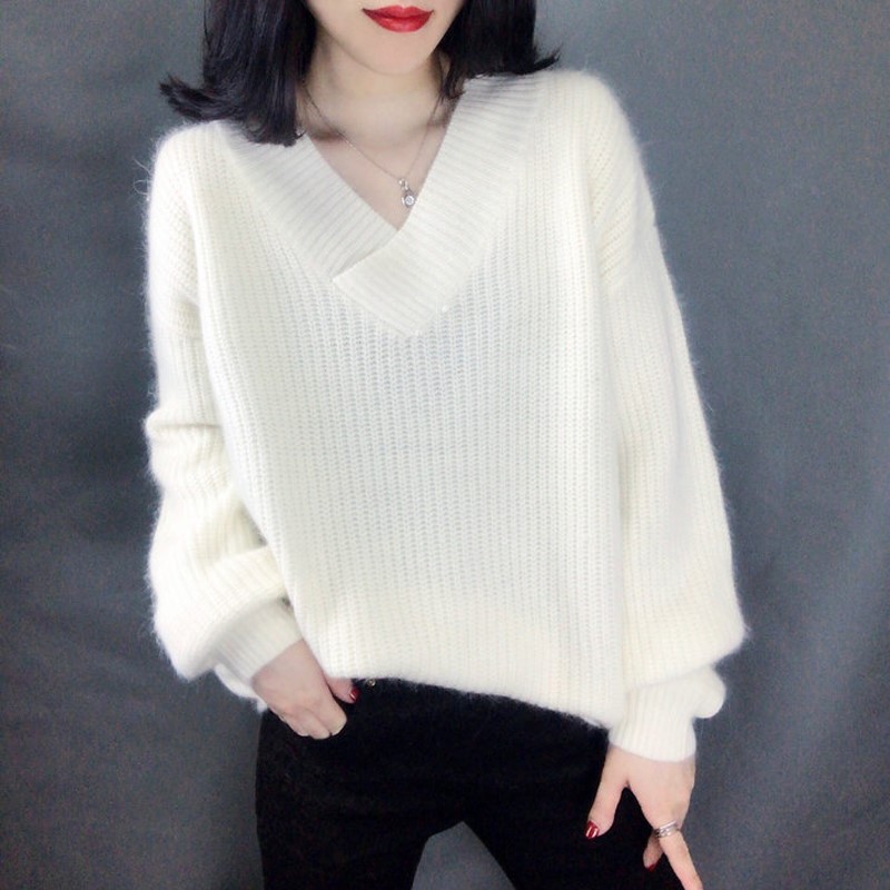 2019春秋新款韩版灯笼袖外穿毛衣女宽松加厚露肩深V领打底针织衫|msdalam kategori Butik wanita / wanita, sweater - dari Buy2taobao.com untuk memberikan perkhidmatan ejen Taobao profesional membeli
