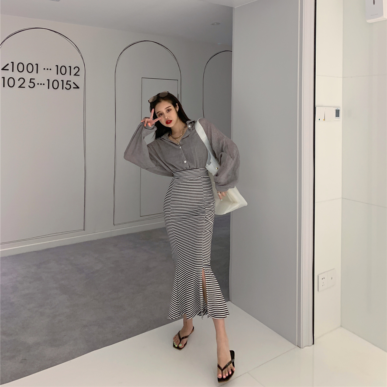 JIUER 2019 Korean Edition handsome tender stripe Double color Fishtail skirt Xian Qi Full skirt Skirtin the Women's clothing/Boutique , Skirts category - from Buy2taobao.com to provide professional Taobao agent buy service