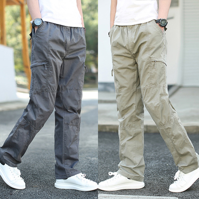 夏季新款青年直筒宽松长裤休闲裤男宽松工装裤男裤多口袋运动裤子