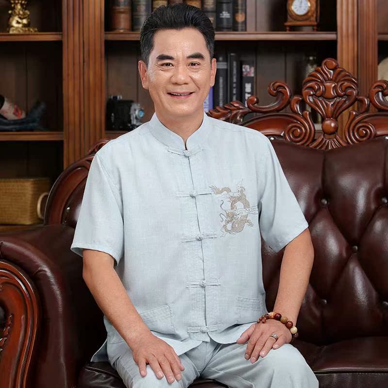 中國風夏季唐裝男短袖套裝亞麻中老年人漢服裝男式半袖太極服男士在類目 男裝, 民族服裝中 - 來自Buy2taobao.com提供專業的淘寶代購服務