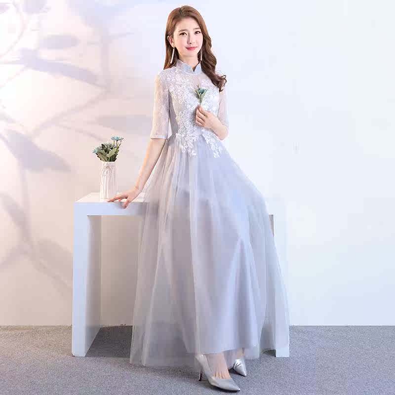 春季服长款2019伴娘新款姐妹立领修身显瘦春季团派对小礼服灰色裙|ruв категории Женская одежда, Cвадебные платья, платье/вечернее платье - от Buy2taobao.com для оказания профессиональной услуги покупки агента Taobao
