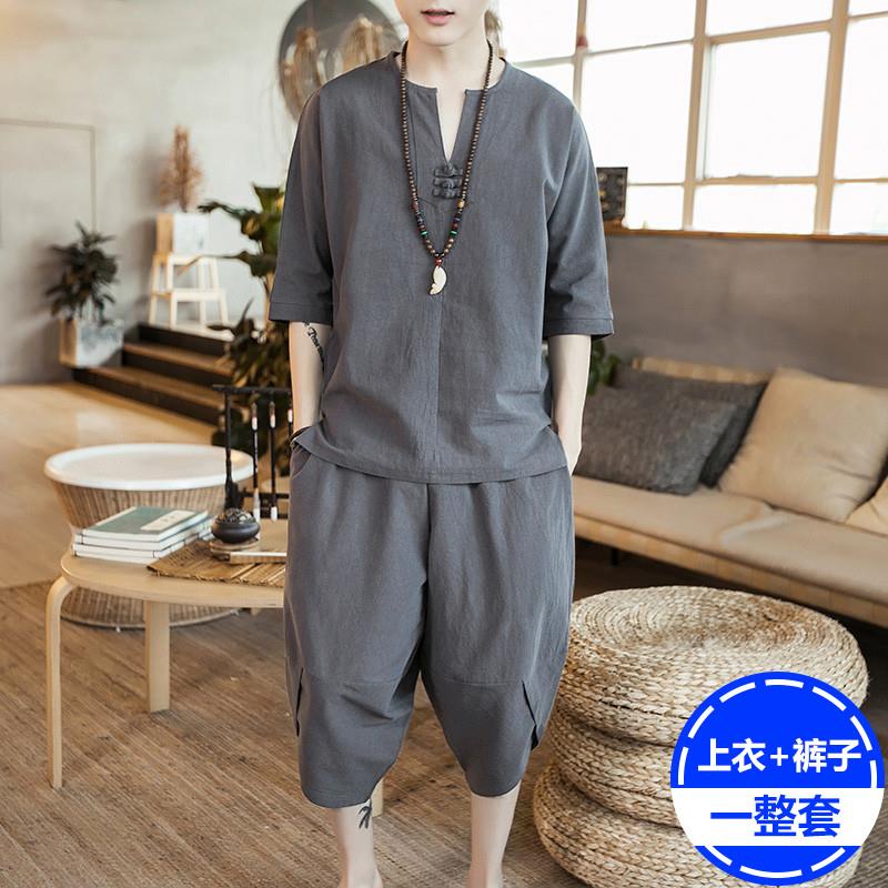 Hanfu Three Quarter Sleeve suit Tang costume summer new pattern Chinese style Large Antiquity Young men Flax man Two piece setin the Men's clothing, National costume category - from Buy2taobao.com to provide professional Taobao agent buy service