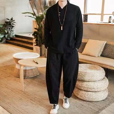 Chinese style men's wear Flax suit ancient costume Youth Tang costume Antiquity Hanfu Cotton and hemp Zen clothes Upasakain the Men's clothing, National costume category - from Buy2taobao.com to provide professional Taobao agent buy service