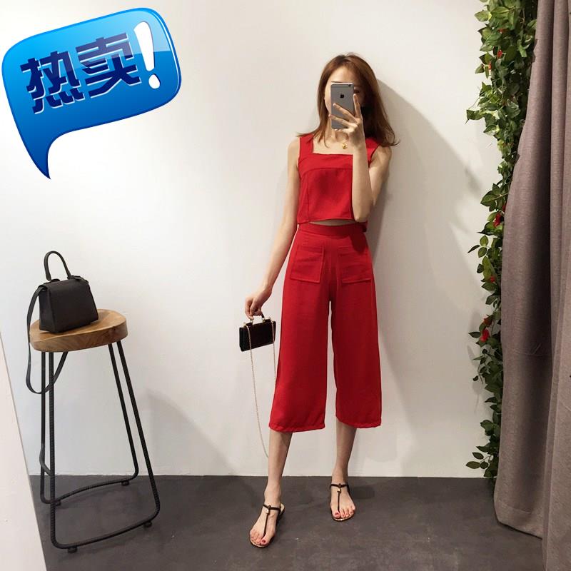 2018夏季女裝韓版氣質時尚小吊帶背心學生高腰七分闊腿褲時尚套裝在類目 女裝/女士精品, 套裝/學生校服/工作制服, 其它套裝中 - 來自Buy2taobao.com提供專業的淘寶代購服務