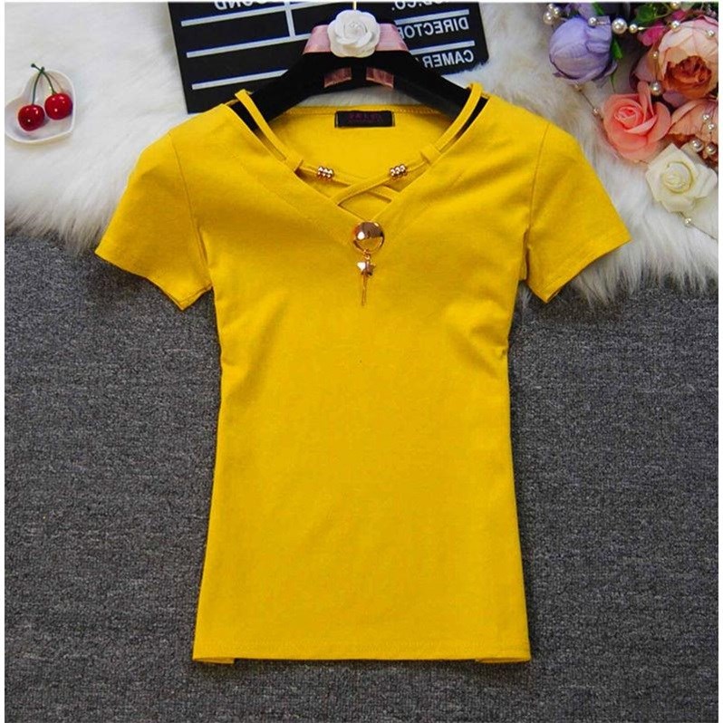 95棉夏季时尚性感女装V领黄色韩版百搭纯色棉料t恤女短袖修身显瘦|msdalam kategori sukan/Yoga/kecergasan/bekalan peminat, Yoga, pakaian Yoga - dari Buy2taobao.com untuk memberikan perkhidmatan ejen Taobao profesional membeli