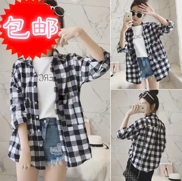 2019秋装新款韩时尚黑白格子宽松大码女装中长款长袖衬衣女外|msdalam kategori Butik wanita / wanita, shirt - dari Buy2taobao.com untuk memberikan perkhidmatan ejen Taobao profesional membeli
