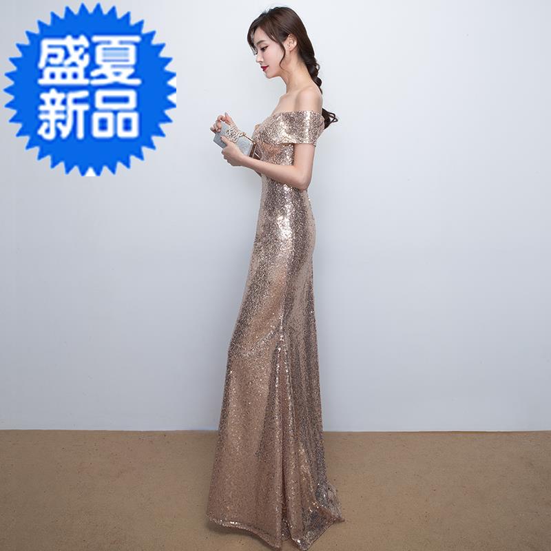 一字肩金色亮片宴会年会主持人晚礼服女长款修身h显瘦时尚2017新在类目 女装/女士精品, 婚纱/旗袍/礼服, 礼服/晚装中 - 来自Buy2taobao.com提供专业的淘宝代购服务