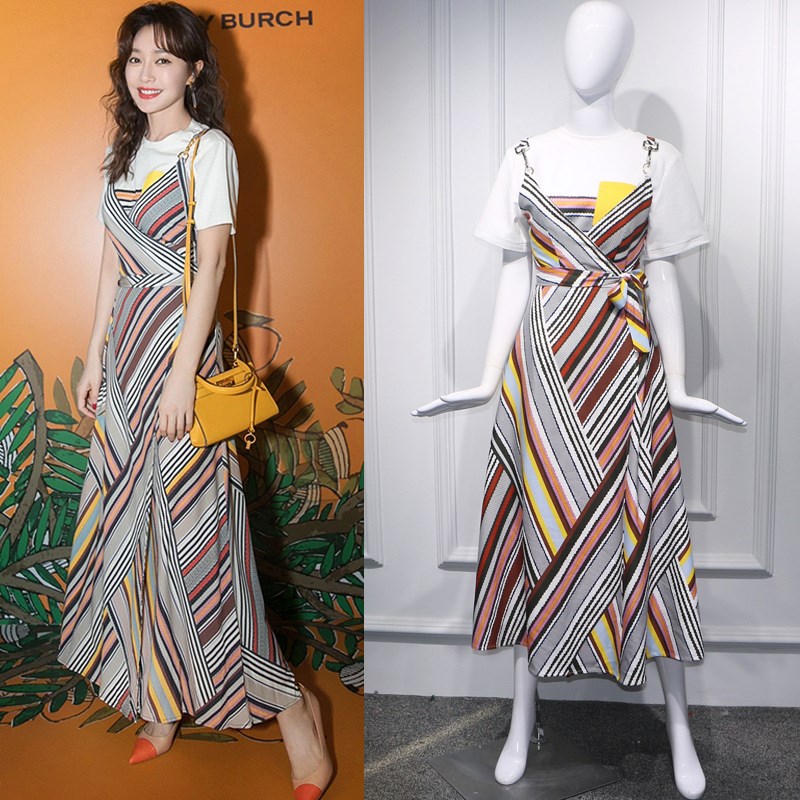Star Qin Lan micro-blog Same item printing stripe Mosaic camisole Dress longuette white printing suitin the 3C Digital Accessories, Electronic components market , IC IC/Motor , IC IC category - from Buy2taobao.com to provide professional Taobao agent buy service