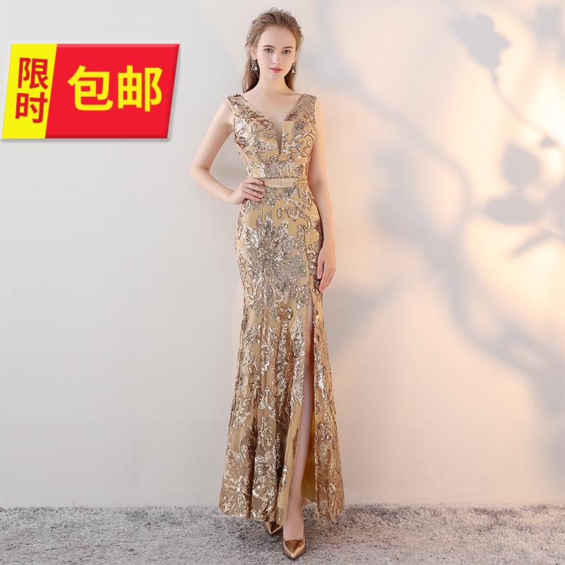 金色亮片晚礼服长款女2018新款时尚单开叉主持06人宴会敬酒服连衣|msdalam kategori Butik wanita / wanita, perkahwinan/Cheongsam/pakaian, pakaian/malam - dari Buy2taobao.com untuk memberikan perkhidmatan ejen Taobao profesional membeli