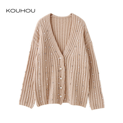 蔻后ins温柔风气质卡其色加厚针织珍珠扣开衫钉珠减龄百搭淑女潮