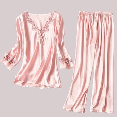 睡衣女春秋性感冰丝长袖两件套韩版薄款夏季套装大码宽松家居服