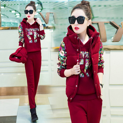 2016冬季新款加绒加厚运动服套装女时尚印花