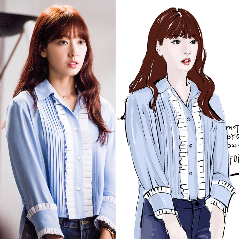 the republic of korea Europe station Autumn New products Korean Edition Star Same item fashion Self cultivation blue Long sleeve shirt shirt Women's wearin the Women's clothing/Boutique , Lace shirt/Chiffon shirt category - from Buy2taobao.com to provide professional Taobao agent buy service
