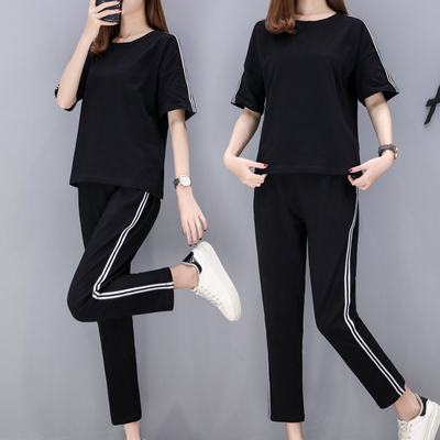 纯棉运动套装女夏2018新款时尚大码短袖长裤跑步服休闲两件套秋季