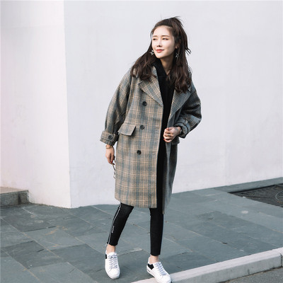 毛呢外套女中长款韩版2017秋冬新款千鸟格子原宿森系百搭妮子大衣