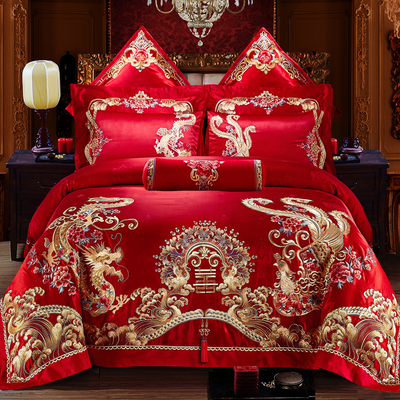 新婚庆床上用品大红色全棉贡缎四件套婚礼喜庆床品六件套结婚被套