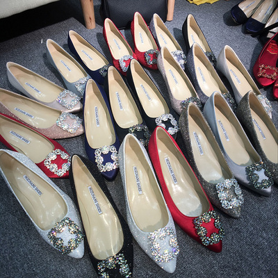 18年春夏季尖头水钻方扣高跟鞋伴娘婚鞋5cm中跟女鞋低跟浅口单鞋